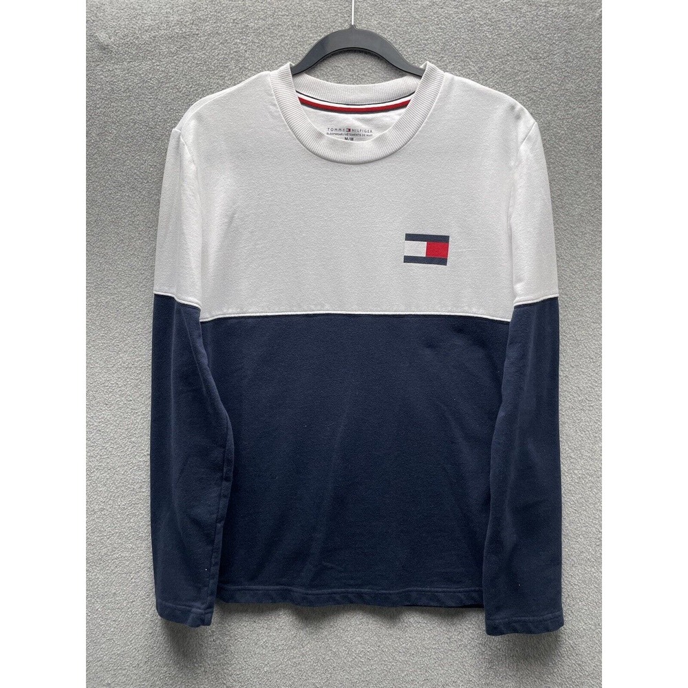 TOMMY HILFIGER Sweater Men's SIZE M White Navy Crewneck Lightweight Long Sleeve